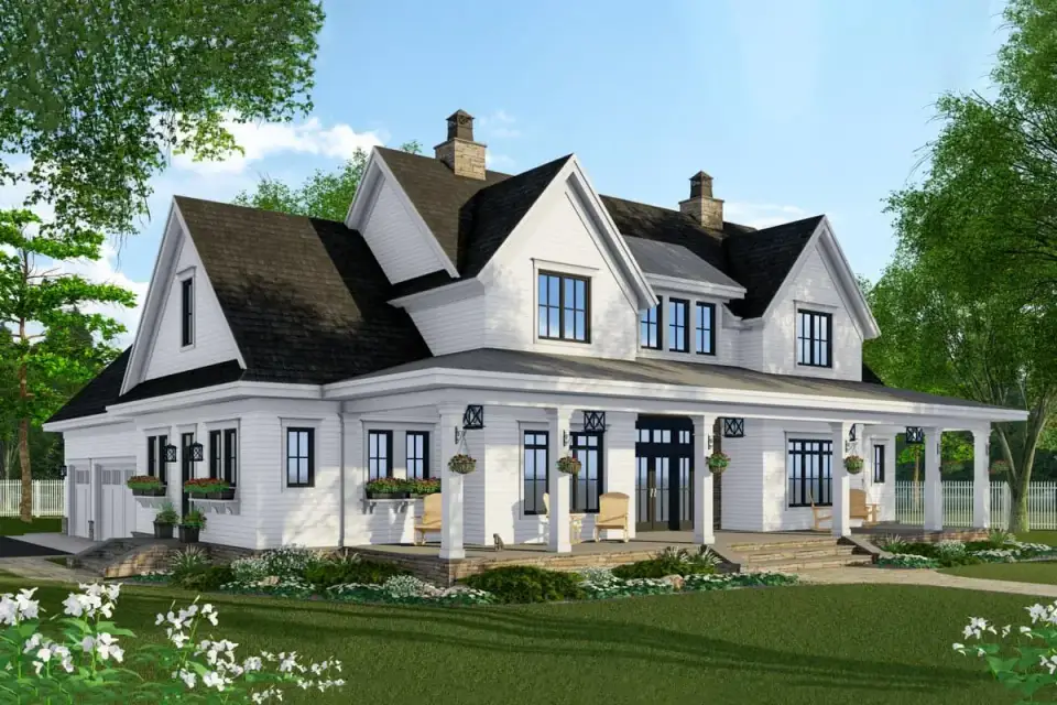 Exterior dusk rendering highlighting porch lighting and gable proportion