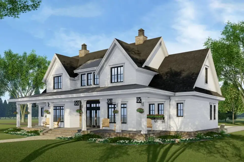 Wide exterior view showing full facade composition against landscape