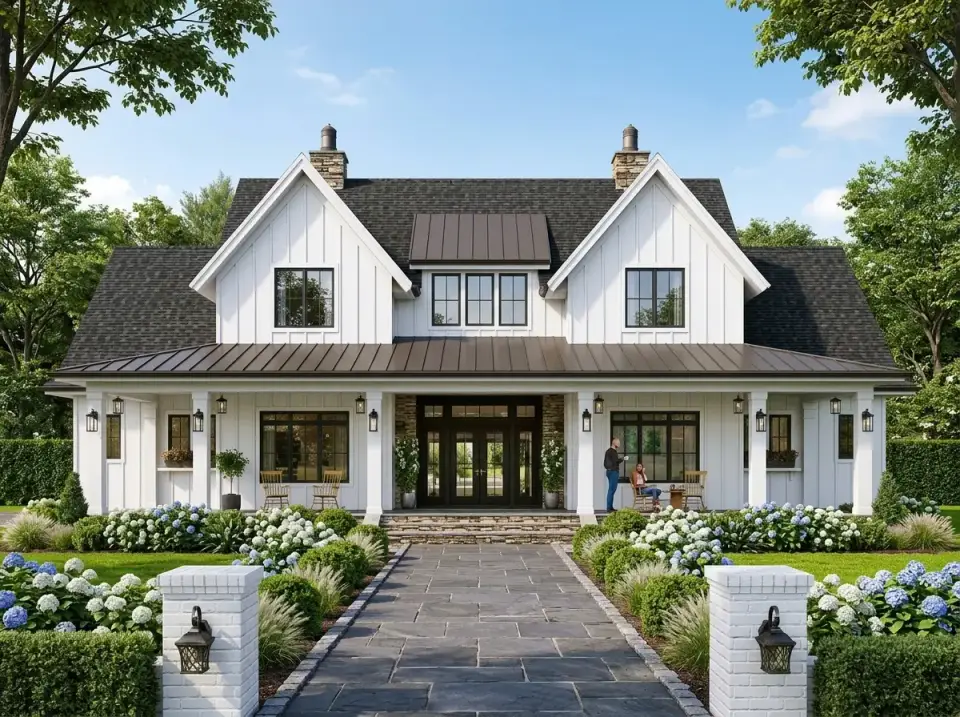 Crisp white modern farmhouse with square columns, brick piers, and dark window frames