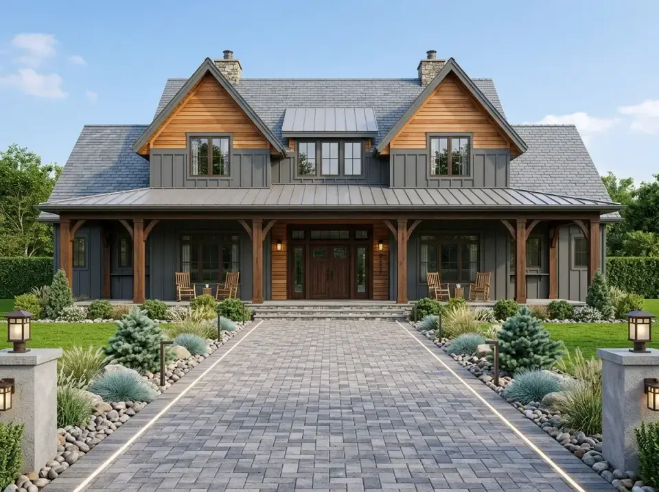 Dark charcoal gray board-and-batten modern farmhouse with natural wood gable and porch accents