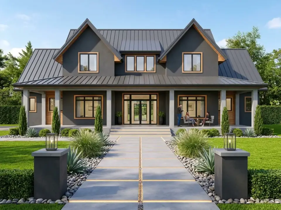 Contemporary dark stucco and wood trim exterior with concrete columns and minimalist landscape