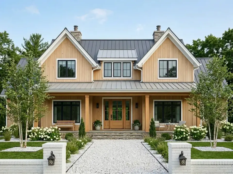Natural light-stained vertical wood siding farmhouse facade with Scandinavian-inspired landscape