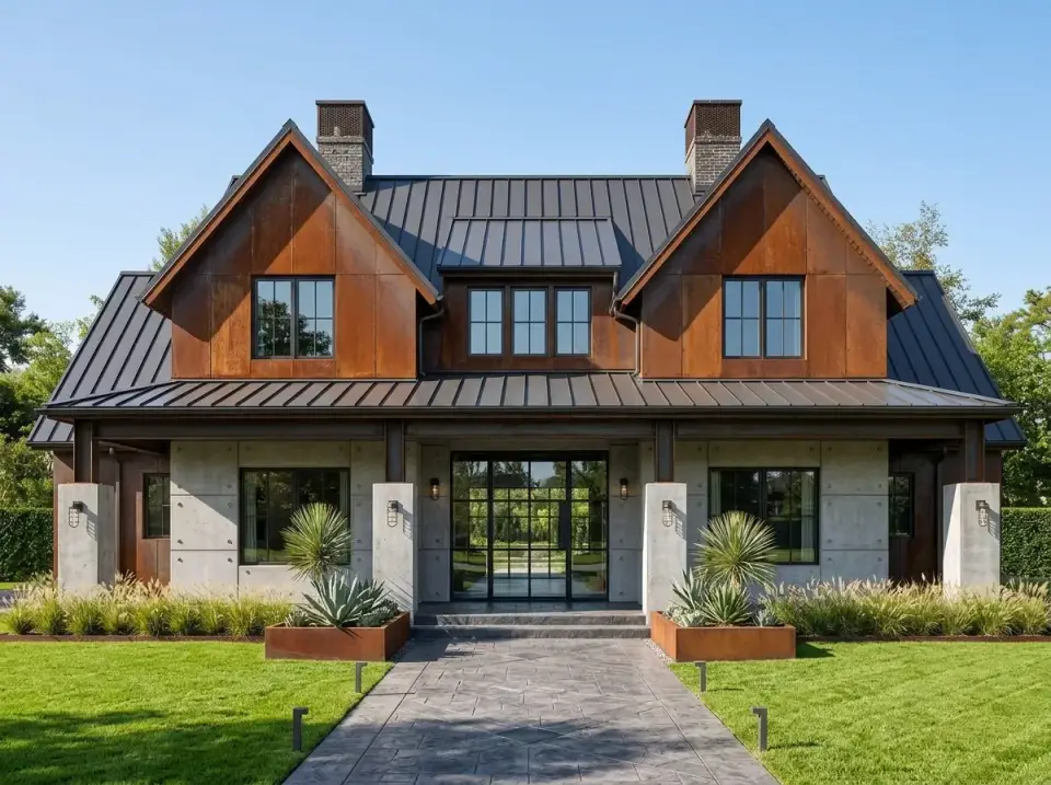 Industrial modern facade combining concrete lower level with Corten steel upper gables and metal porch beams