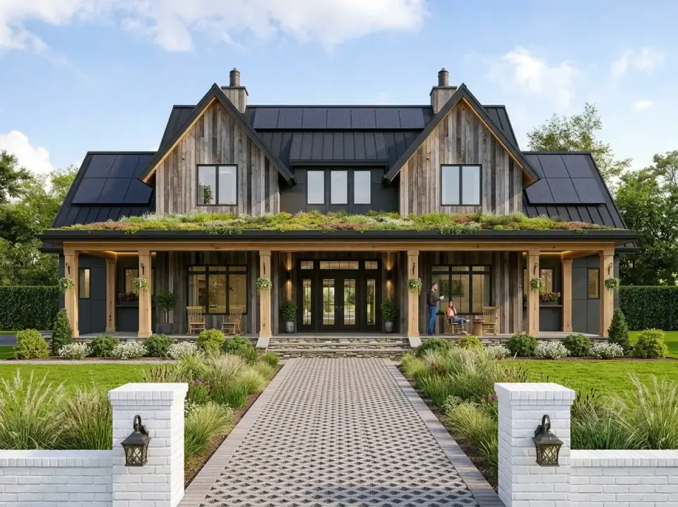 Eco-rustic farmhouse with weathered wood siding, solar panels on standing-seam metal roof, and green living roof over front porch