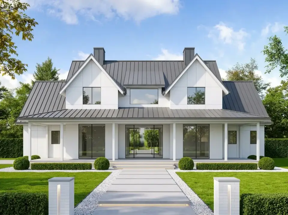 Minimalist white facade variation with smooth panels, frameless glass entry, and precise concrete walkway