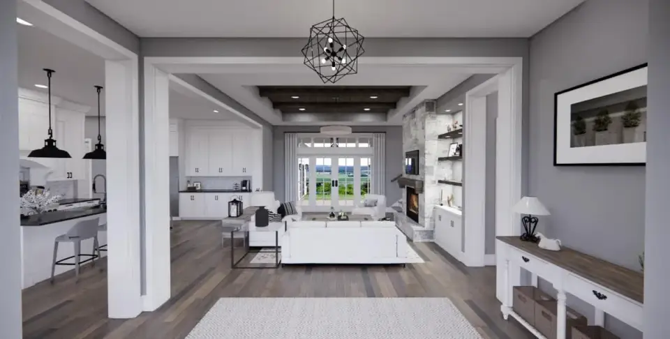 Kitchen island and shaker cabinetry with quartz countertops and contrasting dark island base