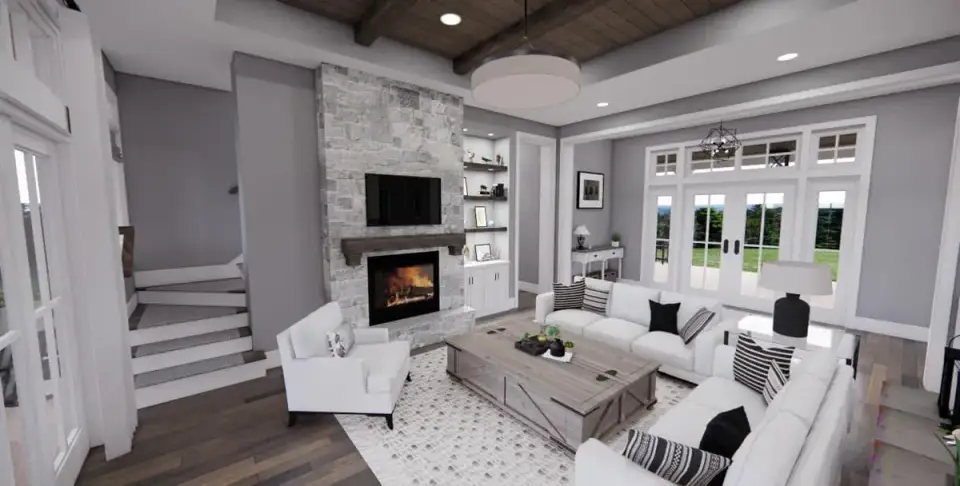 Dining area with large windows and view to covered rear porch