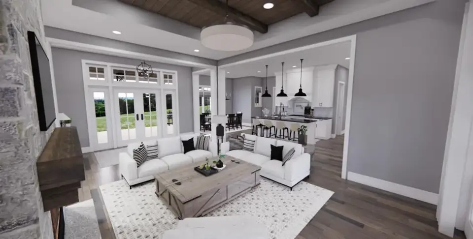 Master suite bedroom with vaulted ceiling and direct outdoor access