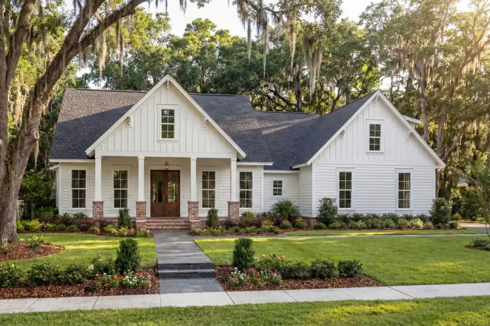 Rear elevation showing the expansive covered porch, sliding glass doors into the great room, and optional outdoor kitchen space