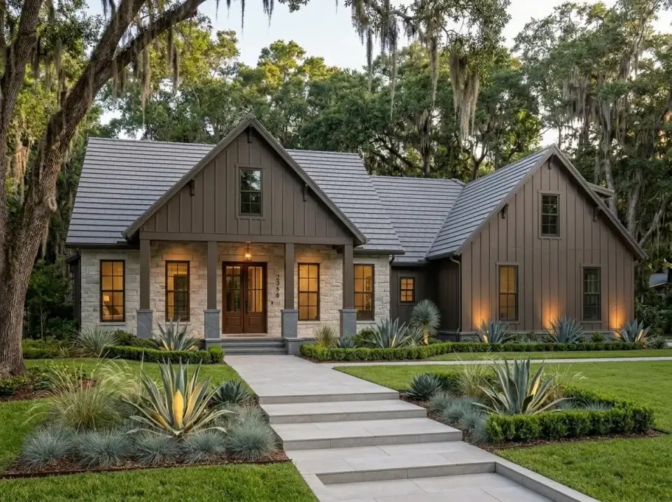 Modern rustic variation with dark vertical siding, dark stone veneer accents, warm wood columns, minimalist drought-tolerant landscaping with agave and grasses