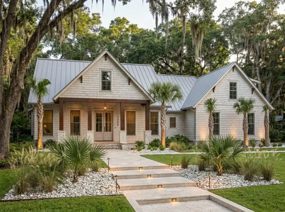 Tropical farmhouse variation with light shake siding, metal roof, dark wood columns and trim, and a densely planted palm and tropical landscape
