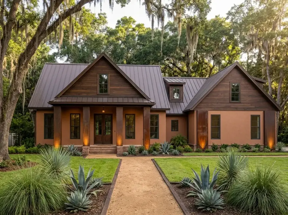 Southwestern desert variation with terracotta stucco, dark wood siding accents, rusted metal columns, and desert landscaping with a sandy pathway
