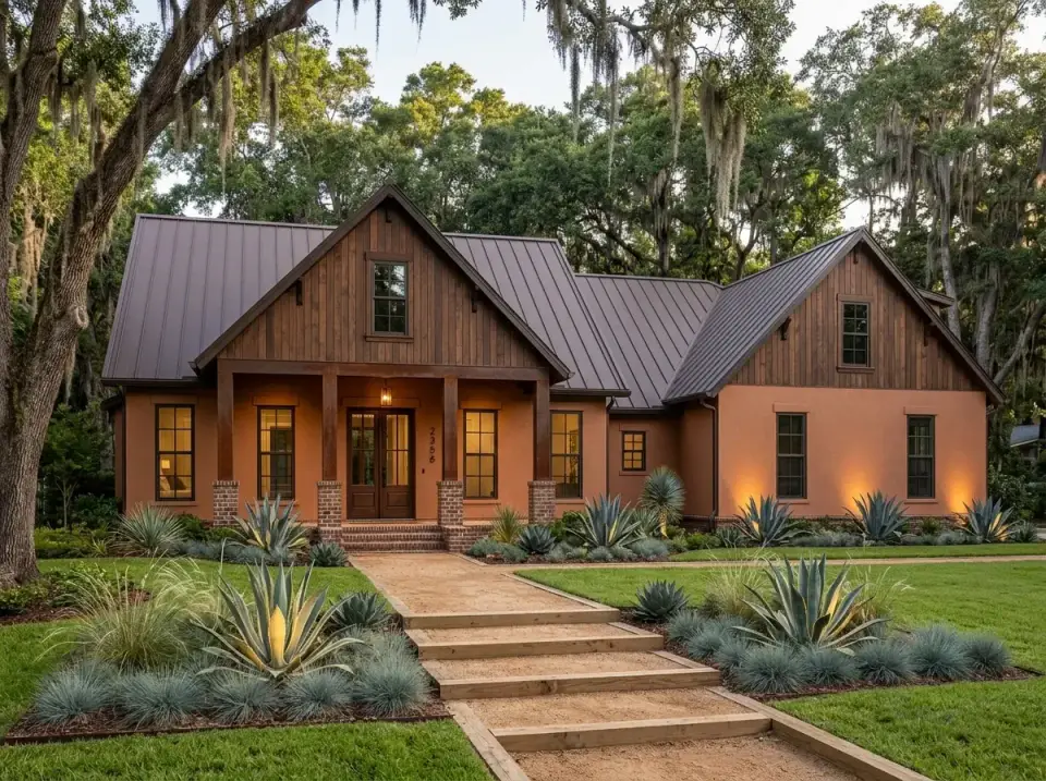 Adobe ranch variation with terracotta stucco, dark timber columns, metal roof, and xeriscape landscaping featuring agave and ornamental grasses