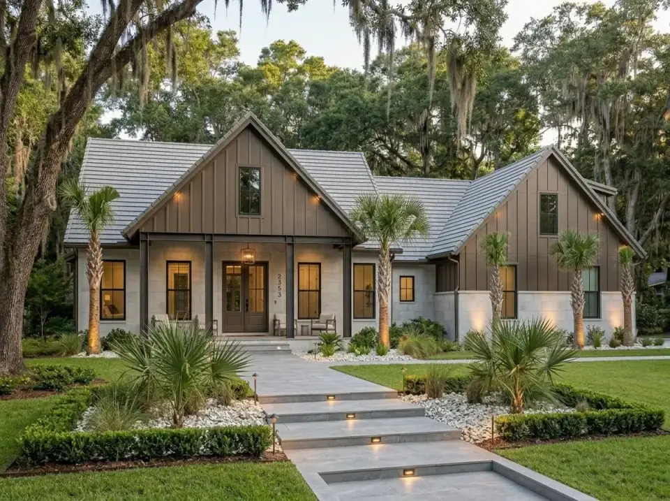 Industrial farmhouse variation with grey vertical siding, concrete block accents, exposed metal beams, metal roof, and contrasting tropical landscaping