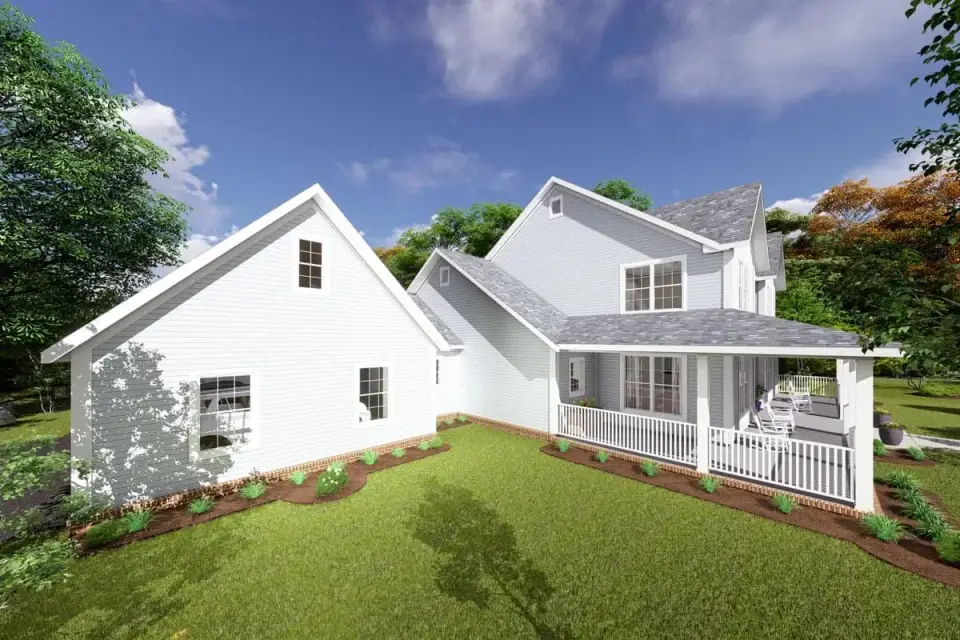 Plan 4122WM side elevation showing dormer windows and vertical board-and-batten siding