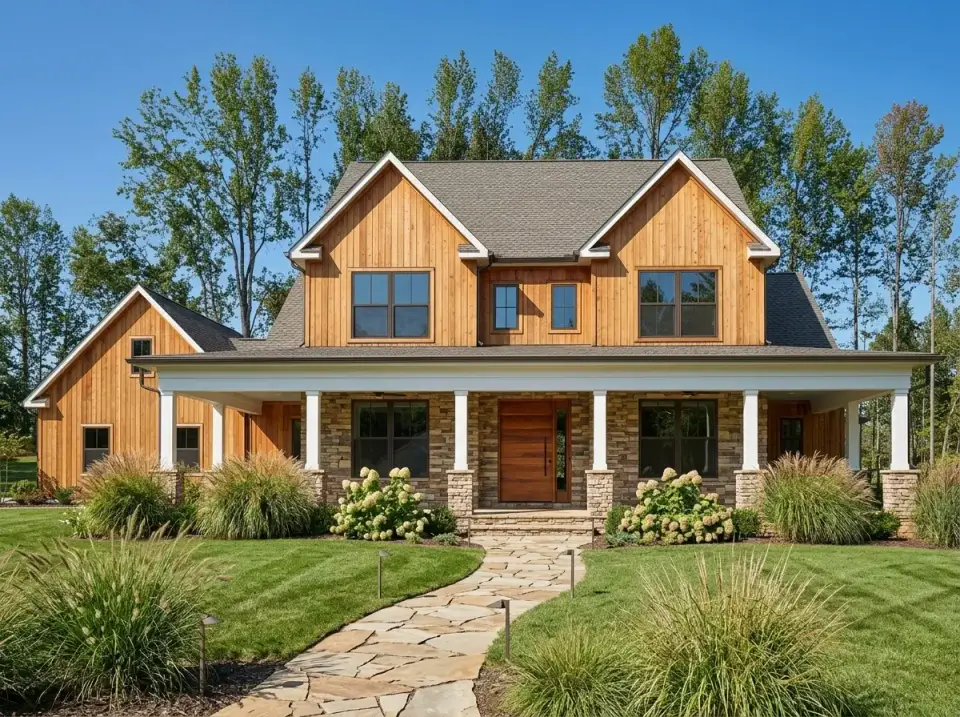 Plan 4122WM in vertical natural cedar siding with honey tone substantial stone veneer base and solid wood plank door