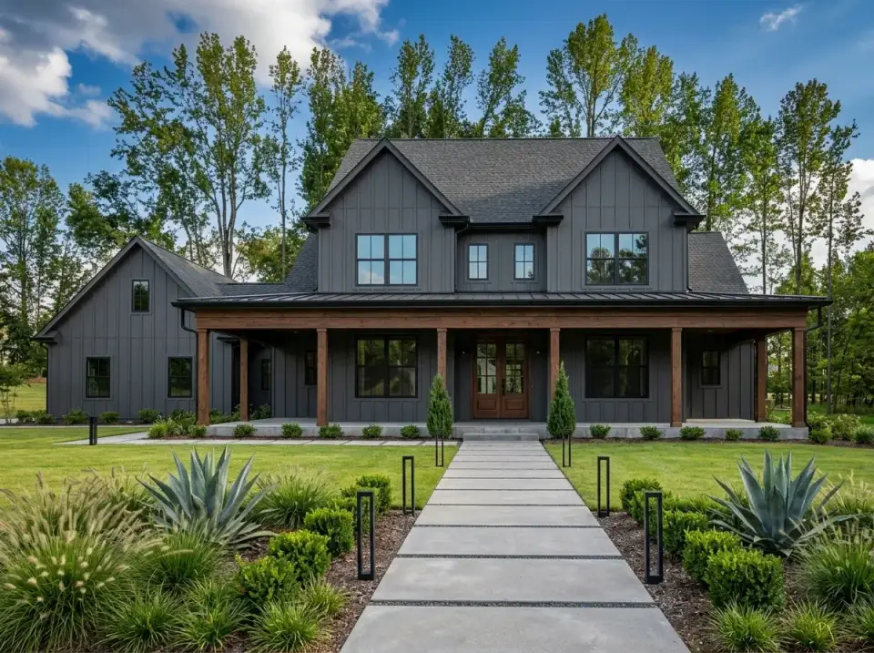 Plan 4122WM in dark charcoal board-and-batten with black metal roof natural wood porch beams and minimalist landscape