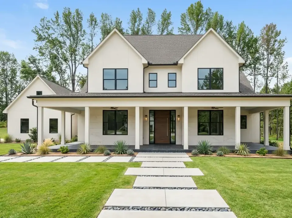Plan 4122WM in contemporary minimalist smooth white stucco with black-framed windows flat wood panel door square porch columns