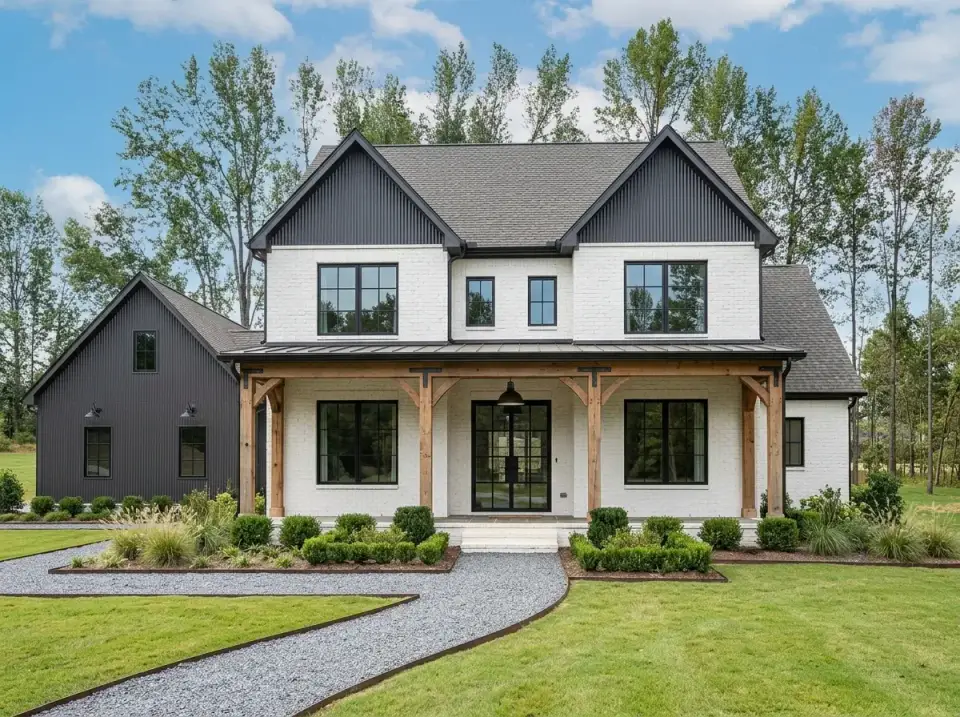Plan 4122WM in high-contrast farmhouse with white painted brick main body dark charcoal siding on gables rough-hewn timber posts
