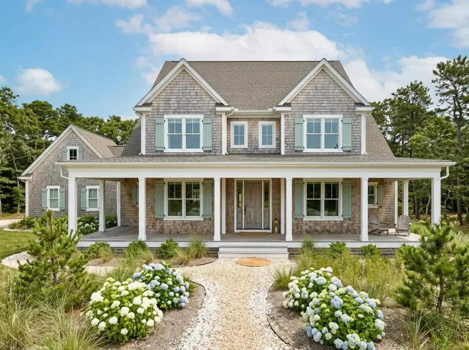 Plan 4122WM in coastal shingle style with weathered gray cedar shakes seafoam shutters and crushed shell pathway