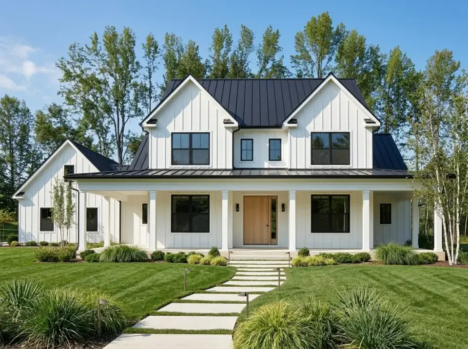 Plan 4122WM in Scandi-modern barn with bright white vertical board-and-batten black metal roof and light oak front door