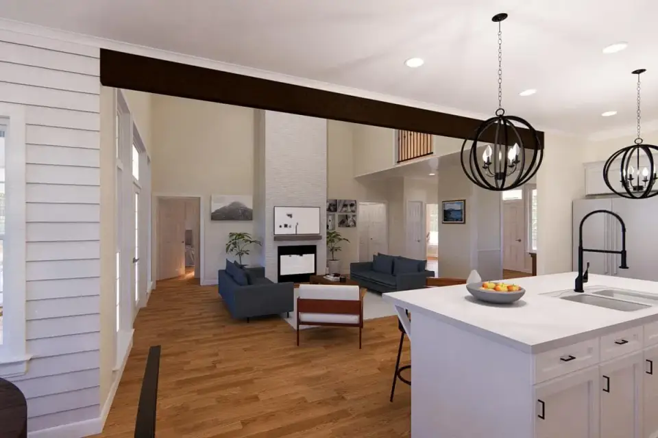 Plan 4122WM two-story great room with exposed wood beams stone fireplace and catwalk loft above