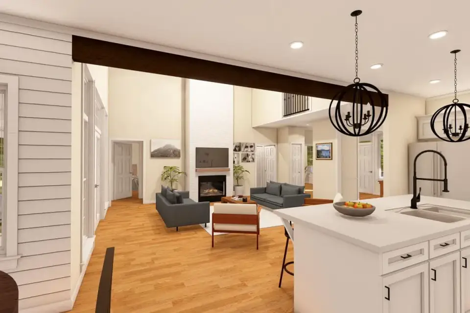 Plan 4122WM main-floor primary suite with windows on two walls and rear porch access