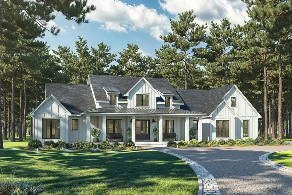 Rear elevation showing the full-width covered porch, large sliding doors into the great room, and the dedicated outdoor kitchen zone along the side wall