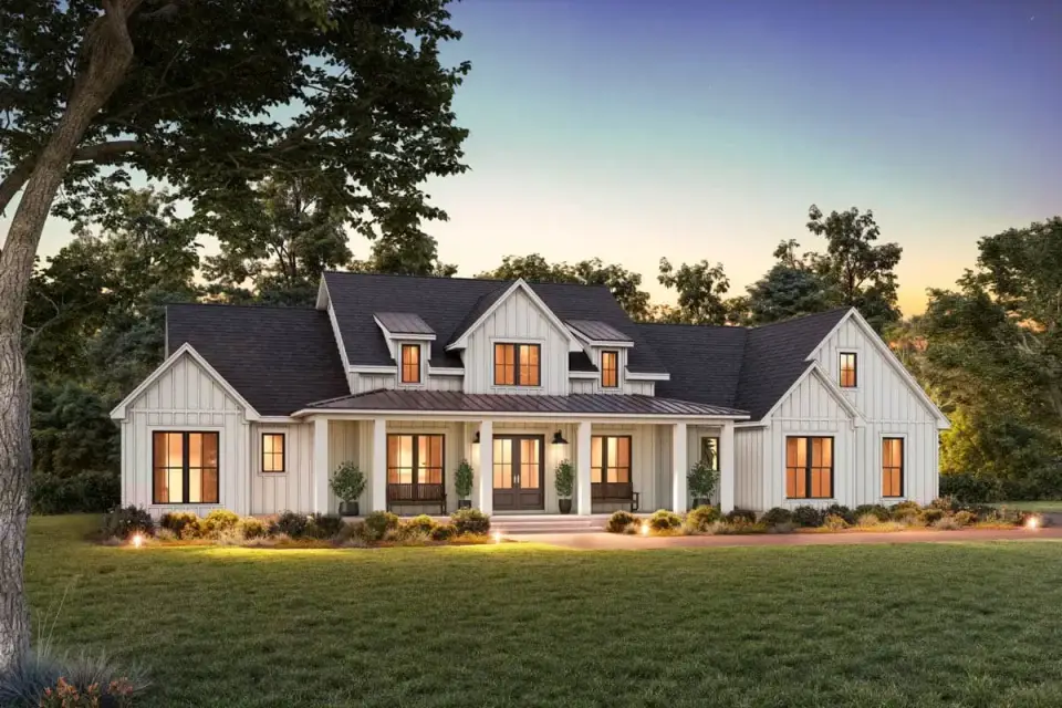 Left side elevation showing the side-entry three-car garage, mudroom entry door, and secondary bedroom windows