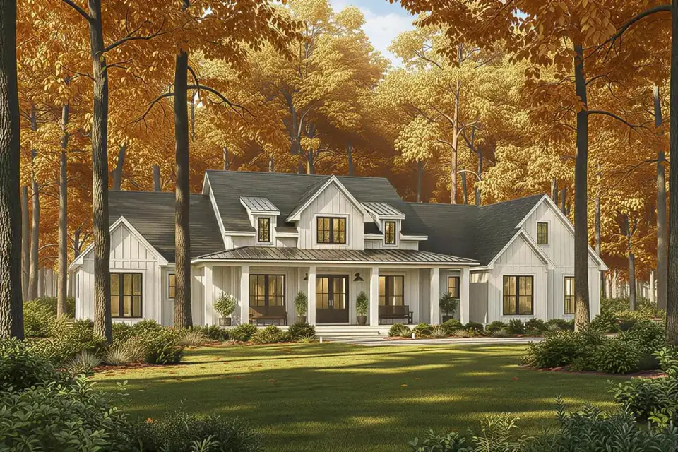 Front porch detail showing timber column bases, standing-seam metal porch roof, and deep covered overhang with exposed rafter tails