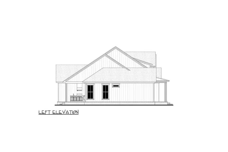 Three-quarter rear view showing the relationship of the covered porch, main roofline, and outdoor kitchen footprint relative to the great room
