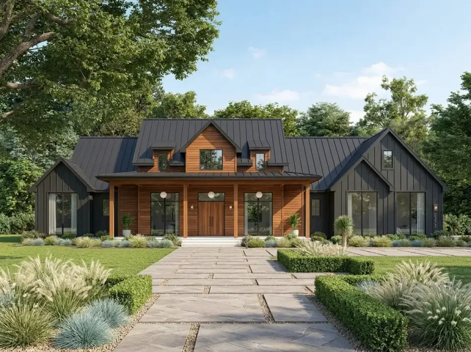 Dark contemporary farmhouse variation with dark charcoal vertical siding, warm wood accents in the gables and porch columns, dark metal roofing, and large-format concrete pavers flanked by ornamental grasses