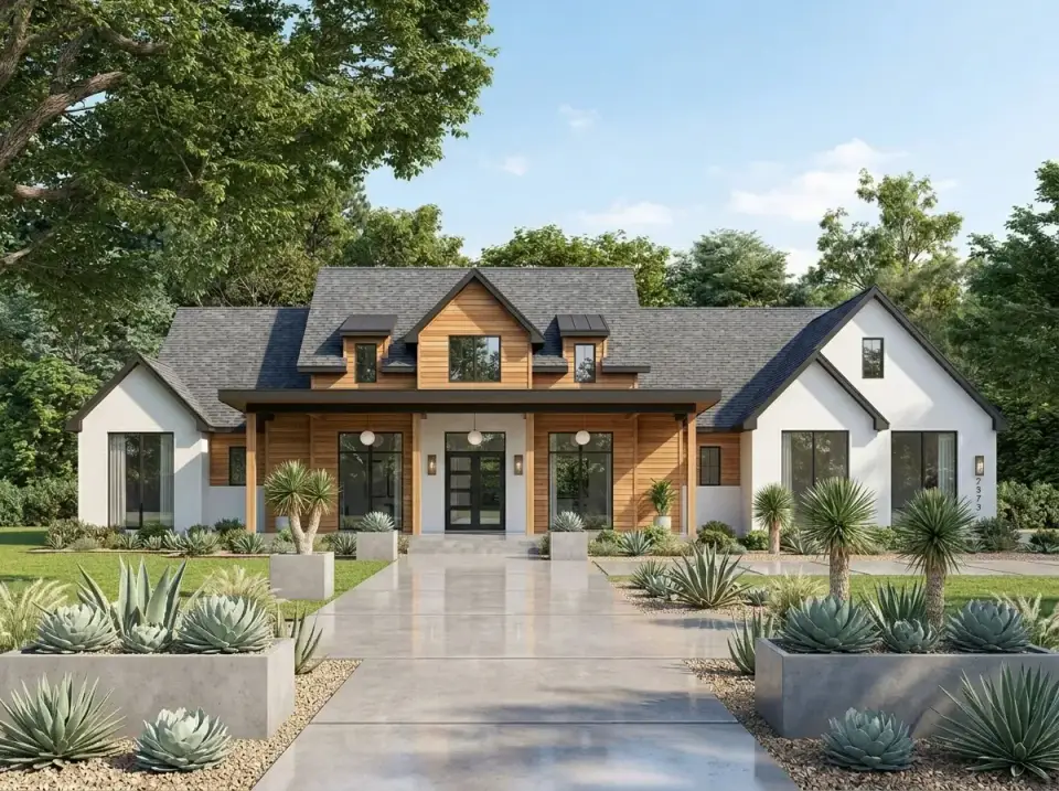 Modern minimalist variation with white stucco walls, warm wood accent panels, dark roof, and a xeriscape landscape featuring large agave plants in concrete planters and gravel beds