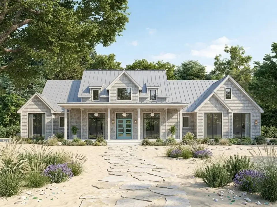 Coastal shake variation with light grey cedar shake siding, light-colored metal roof, bright turquoise front door, and beach-inspired landscaping with sand, dune grasses, and lavender along an irregular stone path