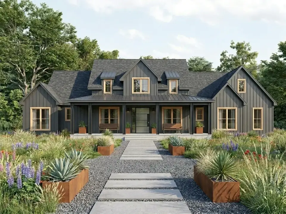Rustic dark variation with dark grey board-and-batten siding, natural wood window frames and porch posts, dark metal roof, and a wildflower meadow landscape crossed by a gravel path