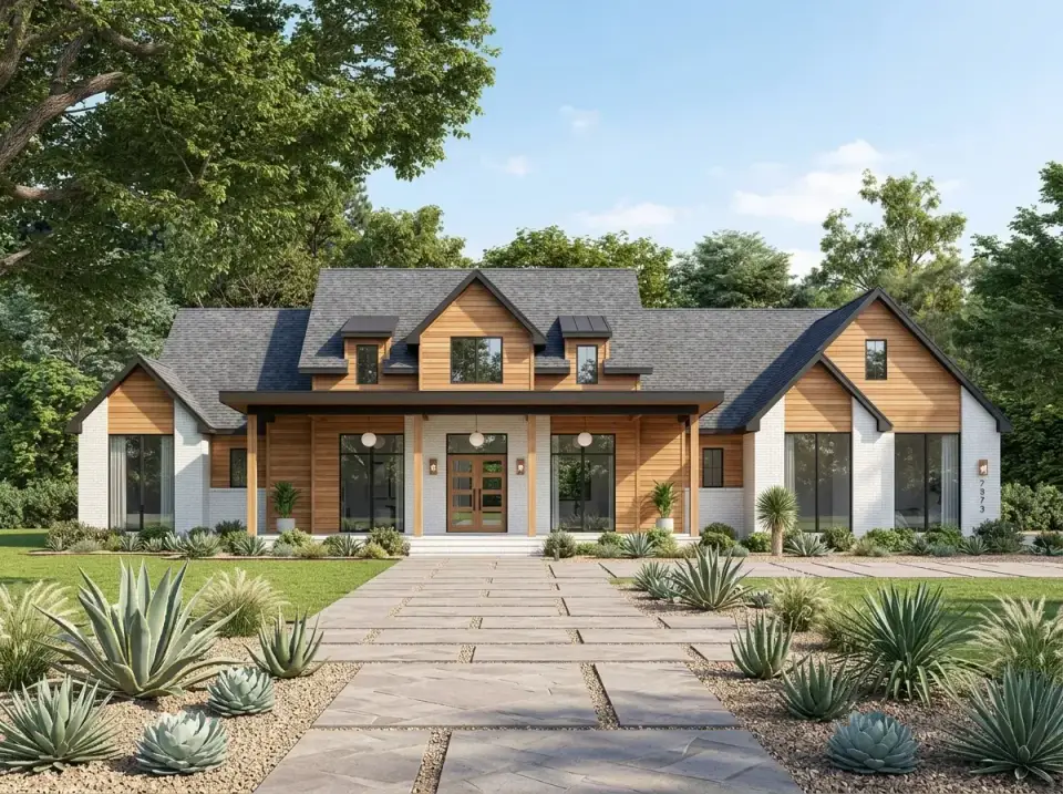 White brick variation with painted white brick main body, warm wood gable and porch siding, dark shingle and metal roof, and formal landscaping with paved walkway, manicured hedges, and sculptural agave plants