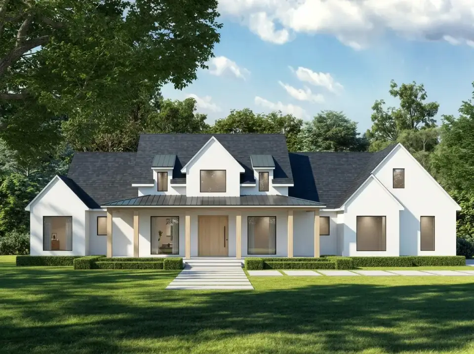 All-white minimalist variation with white vertical siding, light wood door and porch posts, dark roof, pristine manicured lawn, low boxwood hedges, and paved walkway with grass joints