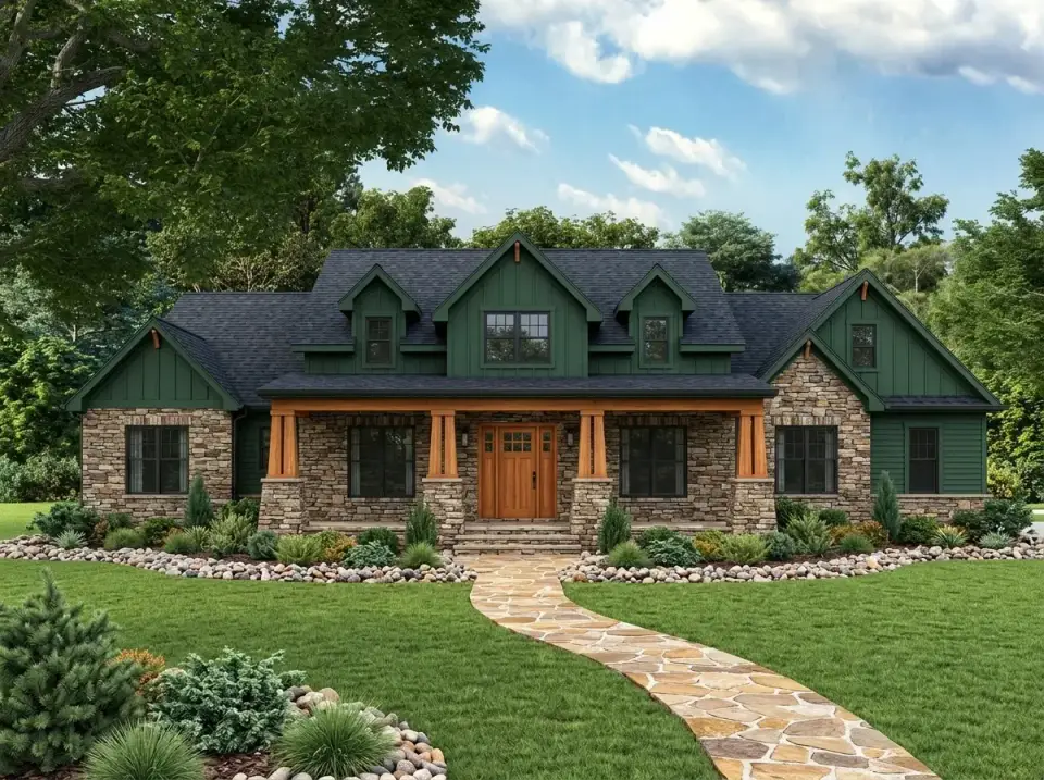 Craftsman variation with stacked stone veneer base, deep green board-and-batten siding, natural wood timber accents in the gables and porch, dark roof, flagstone path with large boulders and forest-edge planting of ferns and conifers