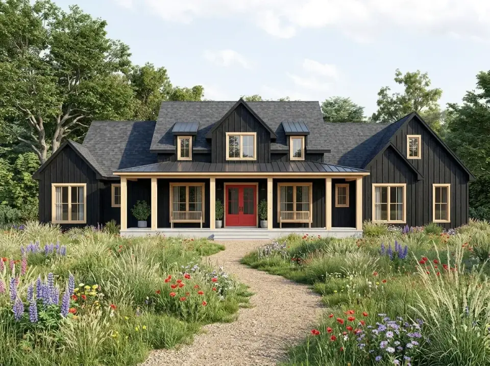 High-contrast variation with black vertical siding, light wood window trim, light wood porch posts, bright red front door, dark metal roof, and a naturalistic meadow landscape with a gravel path