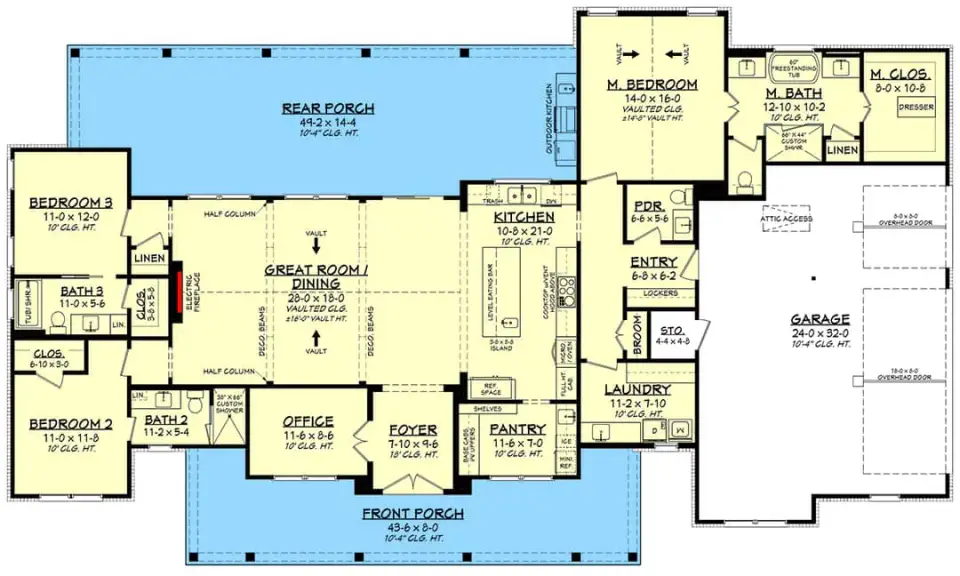 Main level floor plan of the 2,379 sq ft modern farmhouse 52021HZ showing foyer with dedicated home office, vaulted great room, walk-in pantry, split-bedroom layout with Jack-and-Jill secondary bath, mudroom with lockers, and rear porch with outdoor kitchen