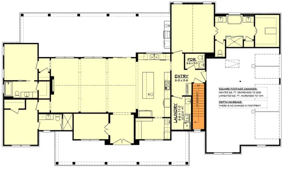 Alternate main level drawing showing relocated basement stair for sloped-lot builds, positioned near the central hallway rather than the default location