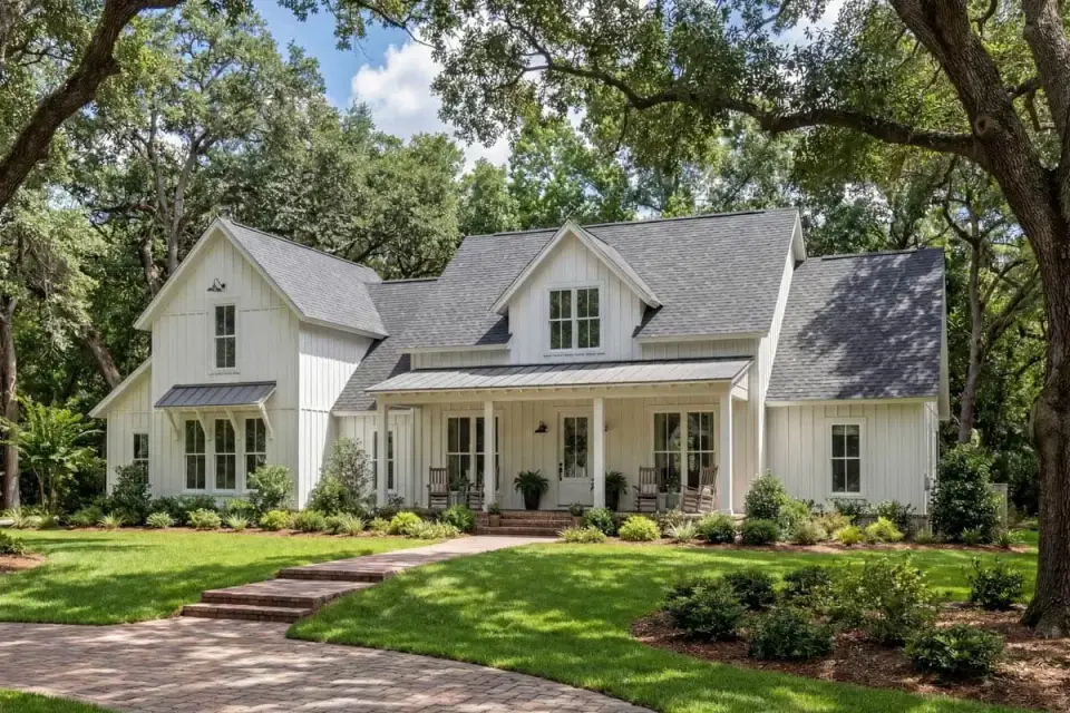 Side view of 2742 sq ft modern farmhouse showing covered porch and gable roofline