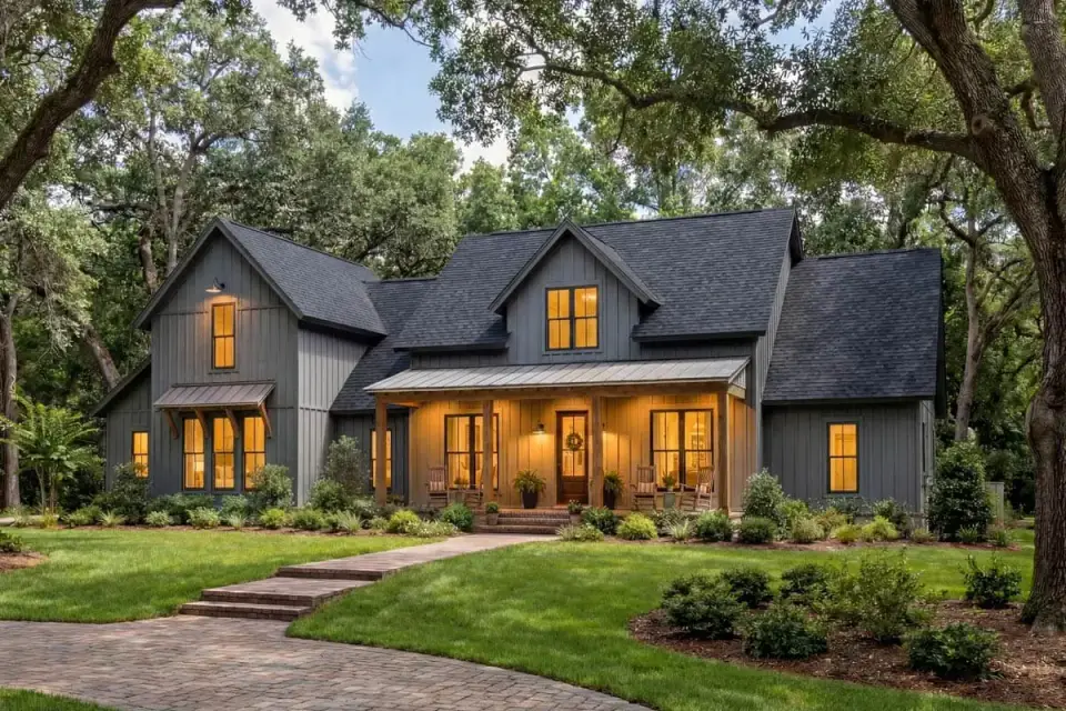 Rear exterior rendering of modern farmhouse 51773HZ with full-width covered rear porch