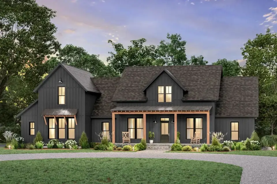 Warm traditional farmhouse facade with painted brick skirt and copper accents for 51773HZ