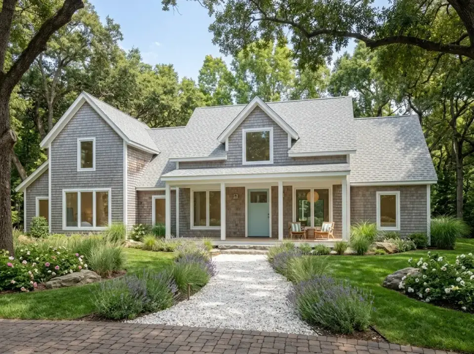 Coastal shingle facade direction with cedar shake siding and crushed shell pathway for modern farmhouse 51773HZ