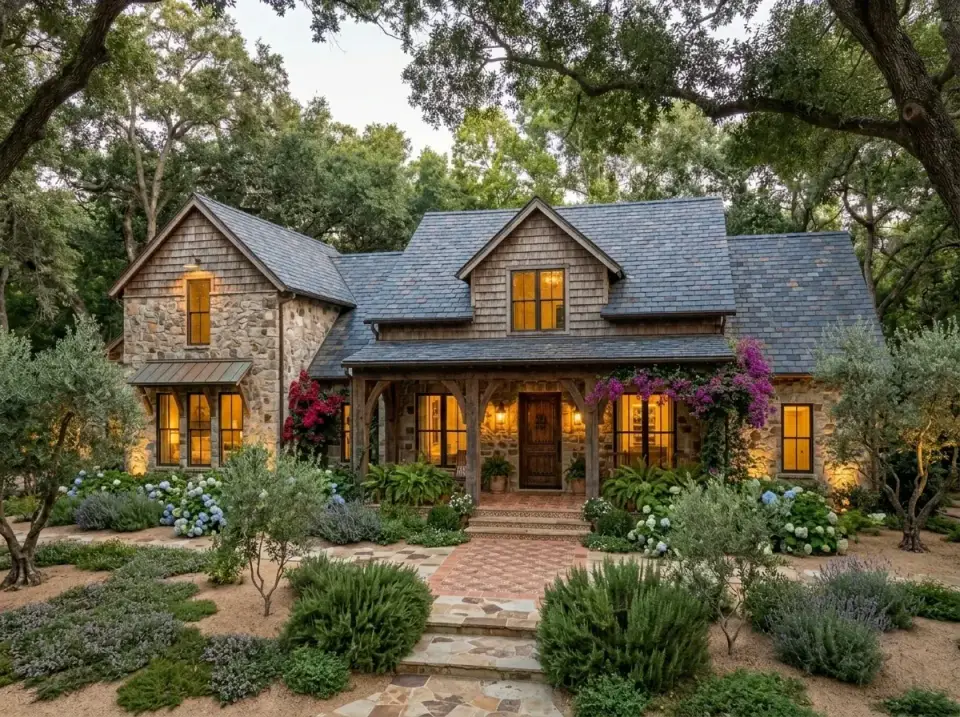 Stone and timber cottage facade direction with fieldstone walls and slate roof for plan 51773HZ