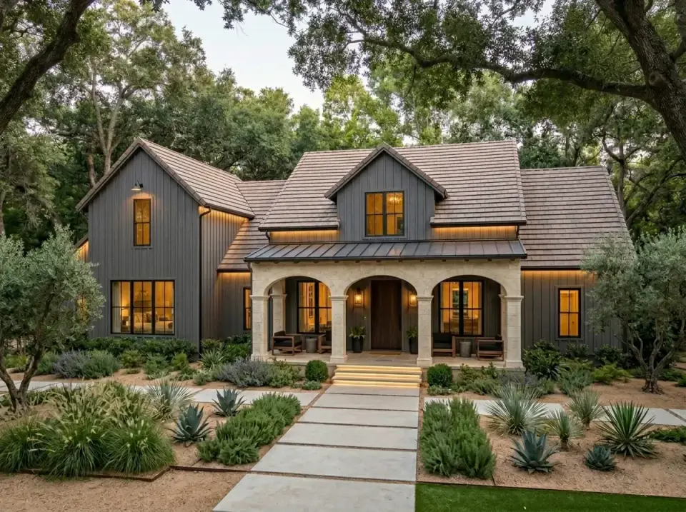 Modern Mediterranean facade with dark vertical siding and stone arches for farmhouse plan 51773HZ