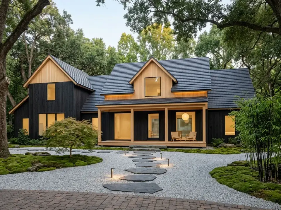 Japandi minimalist facade with charred shou sugi ban wood siding for modern farmhouse 51773HZ