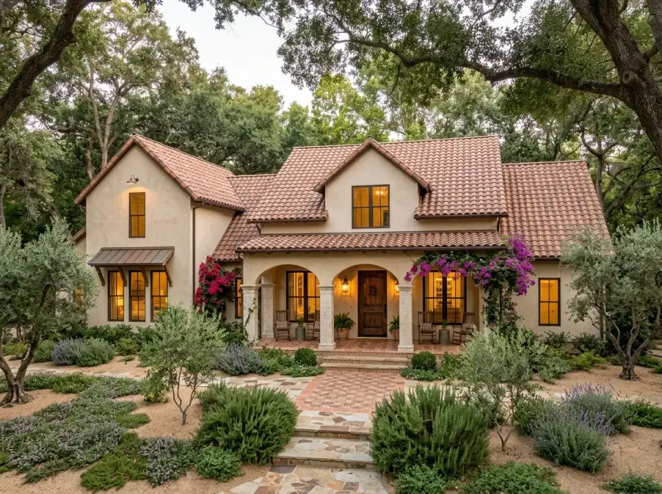 Spanish Colonial Revival facade with stucco walls and red barrel tile roof for plan 51773HZ