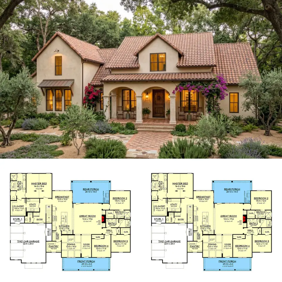 Unique Spanish Colonial Farmhouse: Facade & Floor Plan